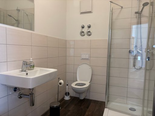 Modernes Badezimmer mit Dusche, Waschbecken und WC. Helle Fliesen und Holzfußboden.