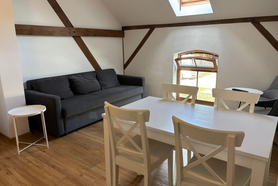 Helle Dachwohnung mit schrägen Fenstern.