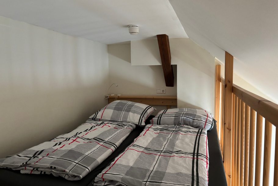 Helle Dachwohnung mit schrägen Fenstern.