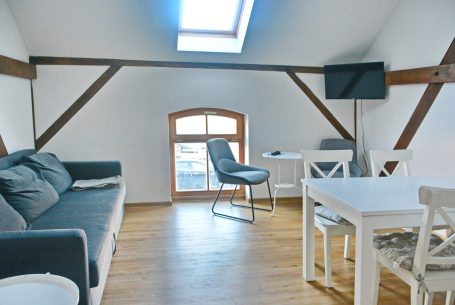 Helle Dachwohnung mit schrägen Fenstern.